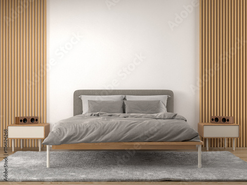 modern bedroom interior  with soundproof wood panels on white wall 3D rendering
