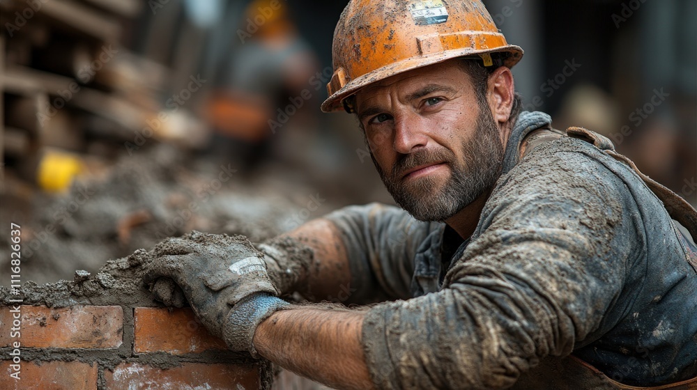 Obraz premium Construction worker focused on masonry work.