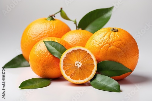 Half sliced and raw of Citrus sinensis ( called jeruk baby santang ) with leaves – local fresh fruit from Indonesia. Isolated fruit on a wooden basket / bowl. Image photo photo