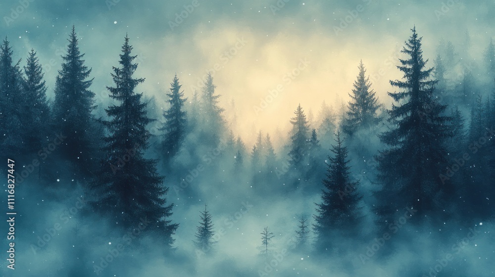 Serene Winter Landscape Watercolor Illustration with Snowflakes and Pine Trees Serene Winter Landscape Watercolor Illustration with Snowflakes and Pine Trees