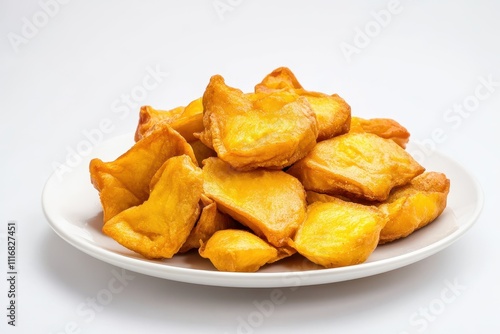 Sukun and Combro traditional Indonesian fried snacks displayed on a white plate with a plain background photo