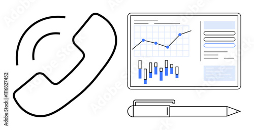 Phone receiver icon, data analytics dashboard with charts and graphs on a screen, and a pen. Ideal for business communication, remote work, sales analytics, data presentation, teamwork, project