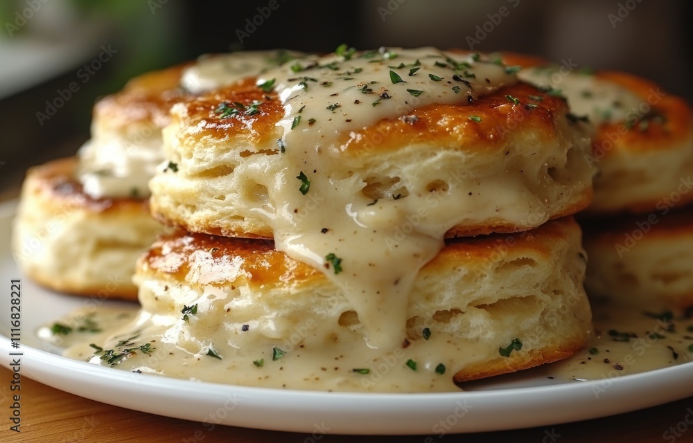 Delicious biscuits with creamy white gravy close-up rich fluffy savory snack homemade indulgence pastry bakery treat Delicious biscuits with creamy white gravy close-up rich fluffy savory snack homemade indulgence pastry bakery treat