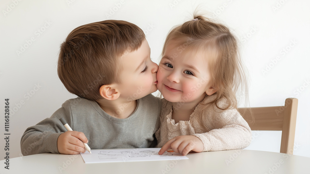 Brother kissing sister on the cheek while drawing at home Brother kissing sister on the cheek while drawing at home