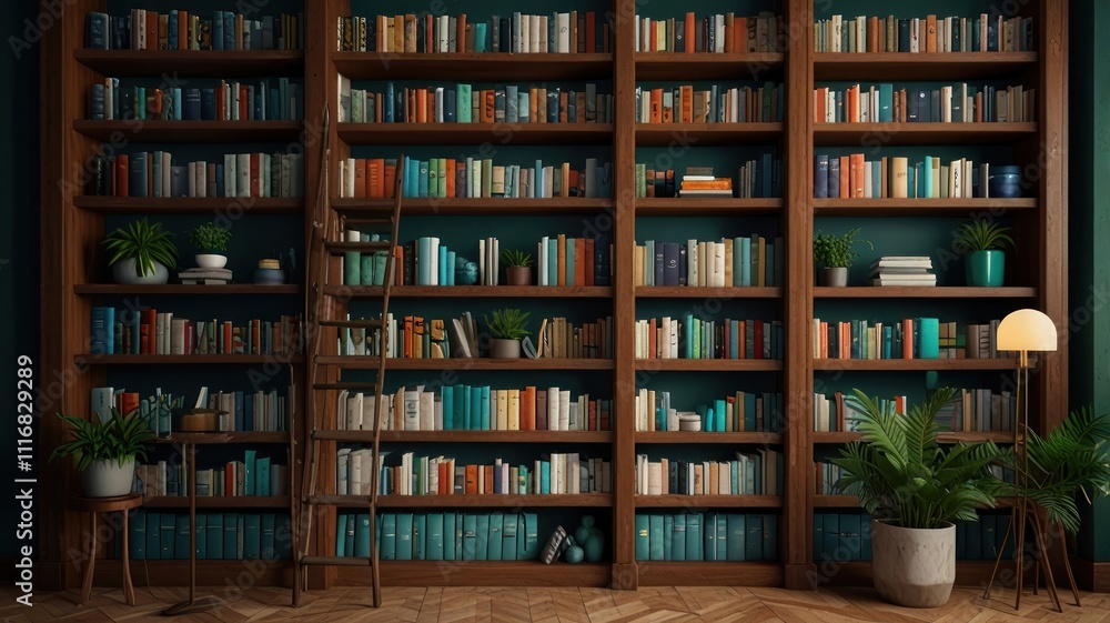 Dark teal wall bookcase filled with books, plants, and ladder. Dark teal wall bookcase filled with books, plants, and ladder.