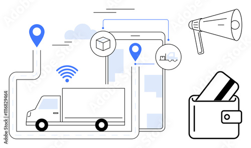 Delivery truck navigating a mapped route with digital location pins, tracking via tablet, wireless signal, megaphone, and wallet with credit card. Ideal for e-commerce, shipment tracking, route