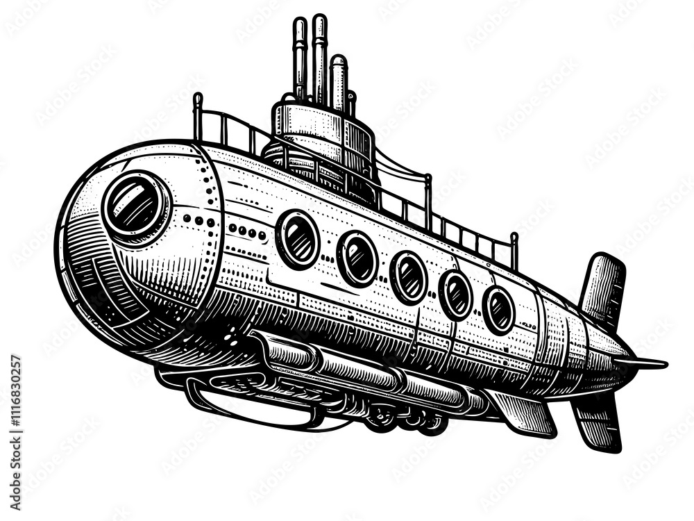 Cartoon steampunk Submarine sketch engraving generative ai PNG illustration. T-shirt apparel print design. Scratch board imitation. Black and white hand drawn image. Cartoon steampunk Submarine sketch engraving generative ai PNG illustration. T-shirt apparel print design. Scratch board imitation. Black and white hand drawn image.
