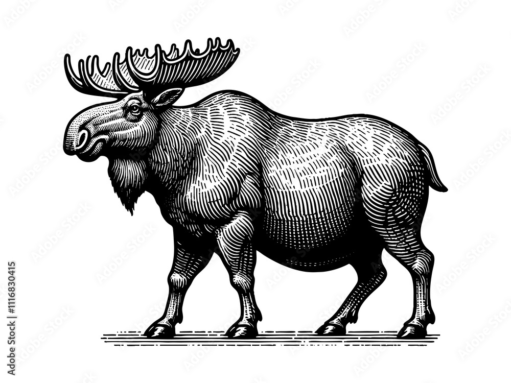 Fototapeta premium Fat body positive moose with exaggerated proportions, intricate antlers and textured fur in a bold style sketch engraving generative ai PNG illustration. Scratch board. Black and white image.