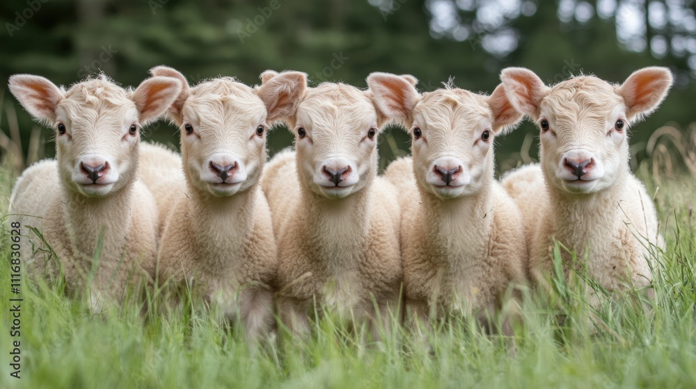 Fototapeta premium Charming Faces of Young Lambs in Pasture