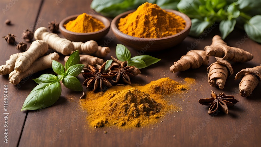 Turmeric powder, ginger root, star anise, and basil leaves on a wooden table. Turmeric powder, ginger root, star anise, and basil leaves on a wooden table.