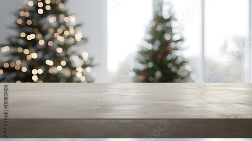 A blank Christmas table with an out-of-focus Christmas tree in the background, offering ideal space for showcasing products.