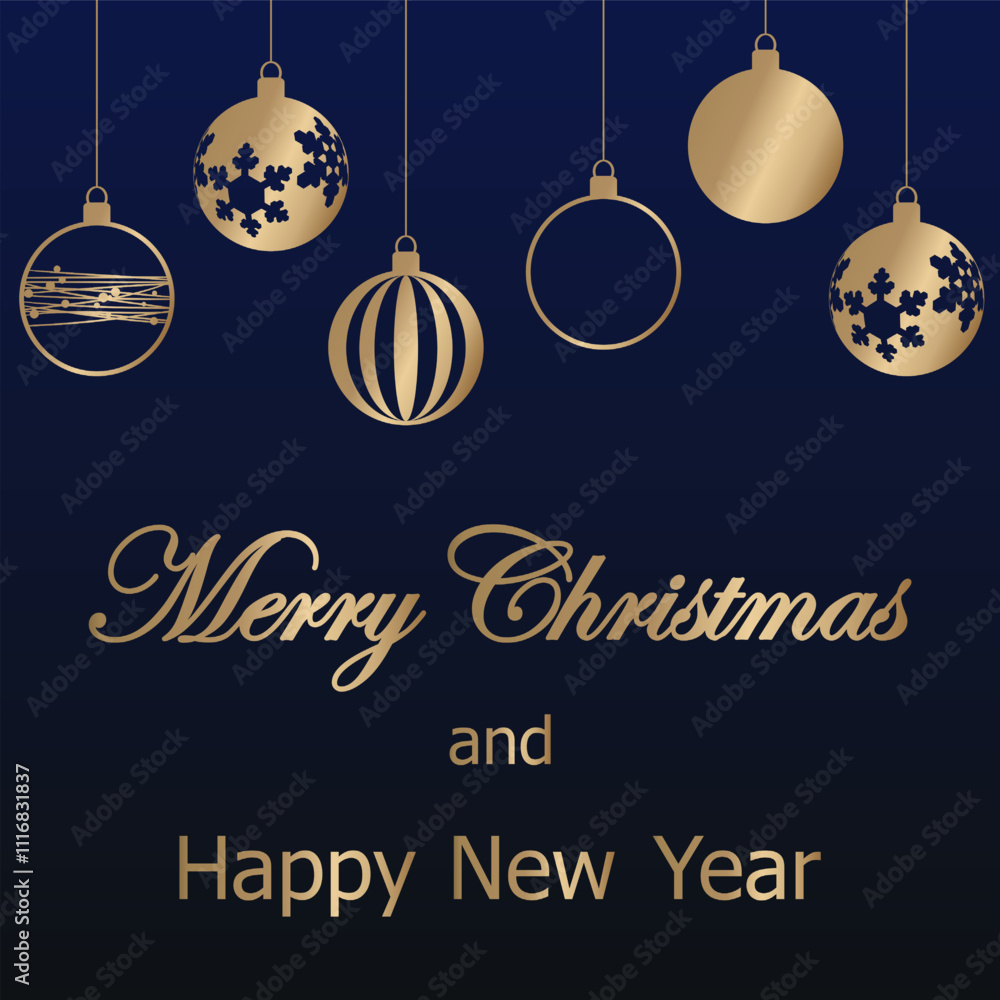 Naklejka premium Christmas card, template design for banner, flyer, background with stripe of different christmas balls. elegant vector illustration for invitation, poster, greeting en luxury dark blue and gold tones
