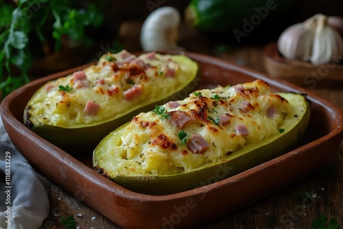 Two ham stuffed chayote slices cheese gratin on a clay tray featuring organically grown veggies idea of authentic homemade dishes photo