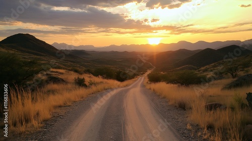 Serene Road Through a Picturesque Landscape at Sunset with Golden Hues and Majestic Mountains in the Background