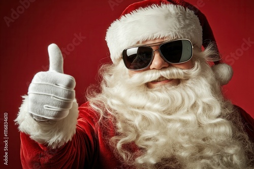 Select winter season sales. A detailed shot of a fashionable Santa with eyeglasses and a hat, symbolizing discount shopping and bargains, set against a red backdrop photo