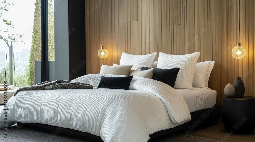 Fototapeta premium Modern Minimalist Bedroom with Cozy Textures and Natural Light