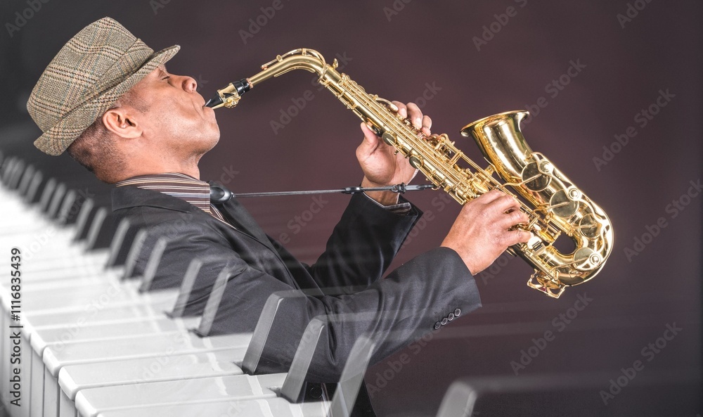 Naklejka premium Music concept with saxophone and piano keys