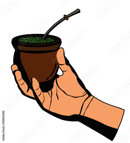 Colorful illustration of a mate with a hand holding it. Traditional South American drink.