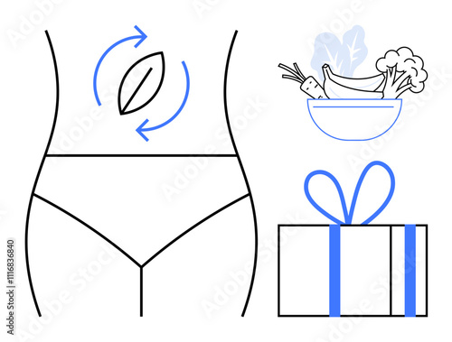 Human waist with arrows symbolizing metabolism, bowl of vegetables, and gift box illustrating wellness and fitness. Ideal for fitness, nutrition, health, wellness, diet, holistic and lifestyle