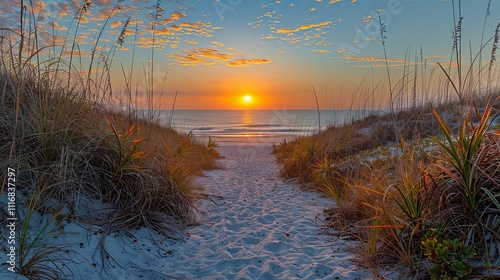 Sunrise Path to a Serene Beach, Golden Hour Light Illuminates Coastal Grass photo