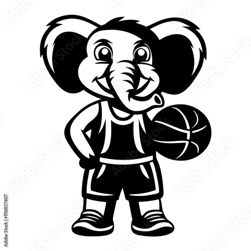 Cute Elephant Basketball Player: A friendly, cartoon elephant in a basketball uniform, ready to slam dunk. Perfect for sports-related projects, children's books, and branding materials.  