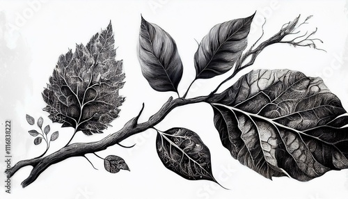 collection of black small leaf on branch of old tree,isolated on white background ,clipart
