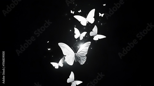 Glowing white butterflies on black background.