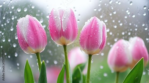 Fresh Pink Tulips with Water Drops on Window During Rainy Day