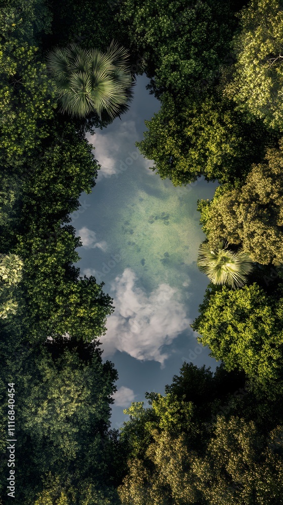 A serene aerial view of a reflective pond surrounded by lush greenery and clouds. A serene aerial view of a reflective pond surrounded by lush greenery and clouds.