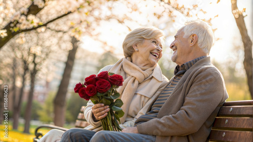 Romantic elderly couple enjoying valentine's day outdoors. Love and companionship in later life.  