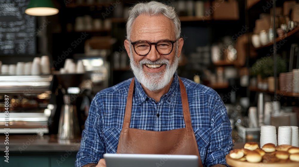Smiling baker serving fresh pastries in urban portrait photography warm atmosphere Smiling baker serving fresh pastries in urban portrait photography warm atmosphere