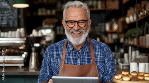 Smiling baker serving fresh pastries in urban portrait photography warm atmosphere