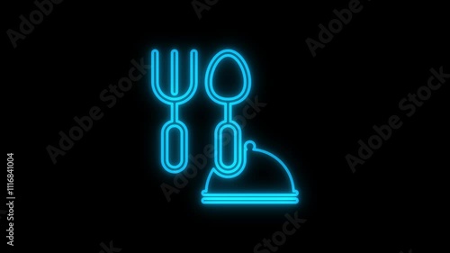 Animated icon of a glowing neon line dinner set against a black background. 4K video motion graphic animation. photo