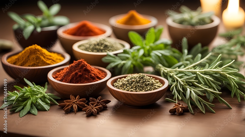 Assorted spices and herbs in wooden bowls on a rustic surface. Assorted spices and herbs in wooden bowls on a rustic surface.