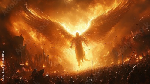 Divine Ethereal Angel Descending on Chaotic Battlefield photo