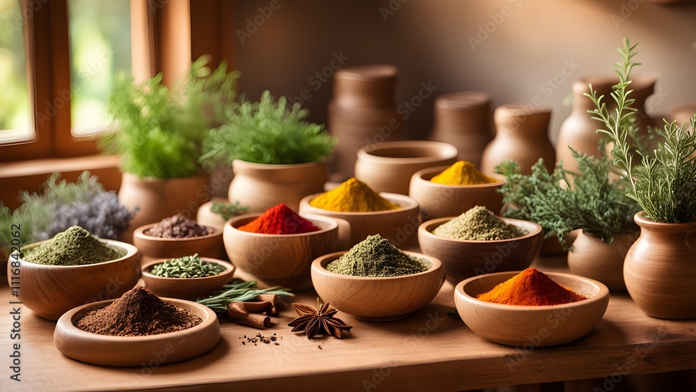 Fototapeta premium Assorted spices and herbs in wooden bowls on a rustic table.