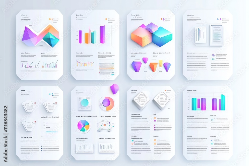 A collage of colorful data visualizations and infographics for business analysis.