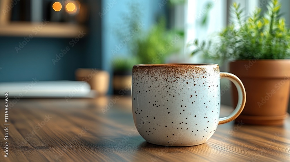 cozy scene featuring a speckled mug and plants. cozy scene featuring a speckled mug and plants.