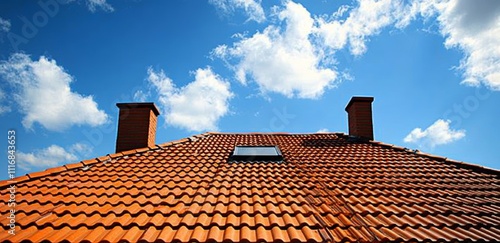 Red Tiled Roof Under Bright Blue Sky with Clouds and Chimney Pots photo