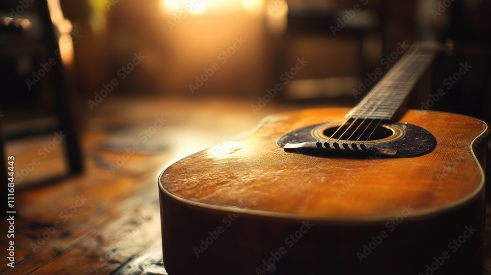 Obraz premium Beautiful Acoustic Guitar on Wooden Floor