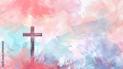 Watercolor cross with colorful pastel background
