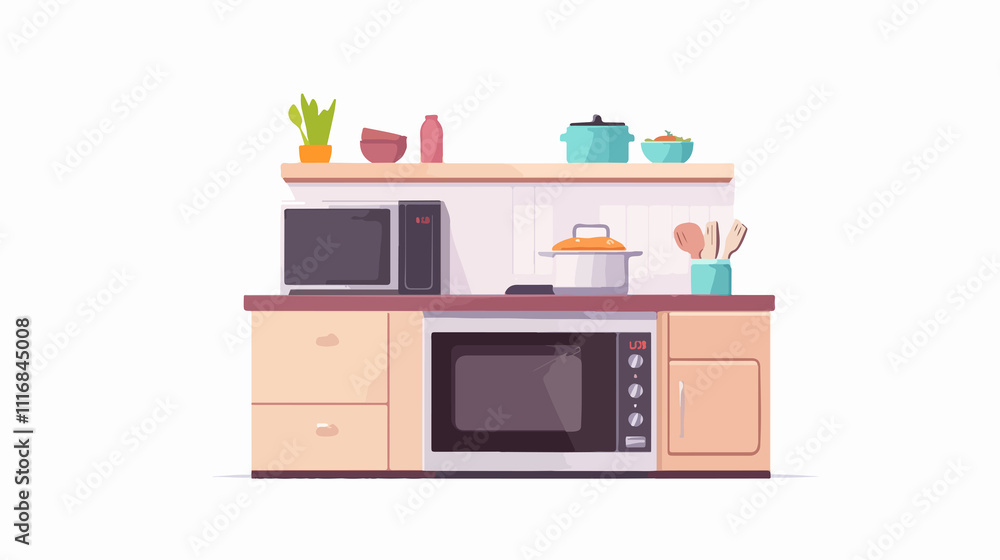 Cartoon flat illustration of microwave device for heating food