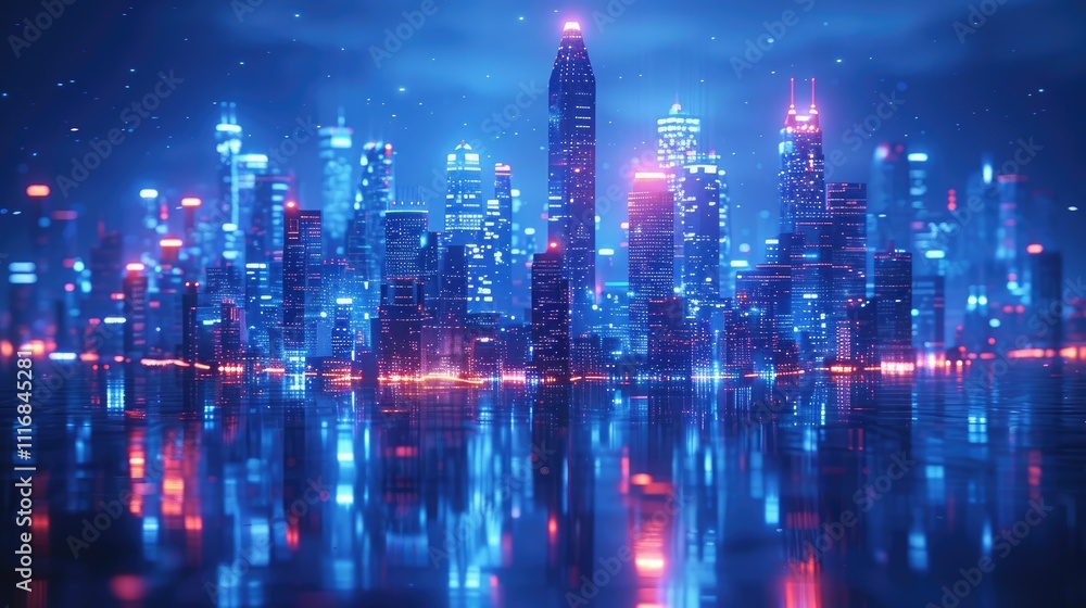 Fototapeta premium Futuristic city skyline reflecting in water at night, vibrant neon lights.