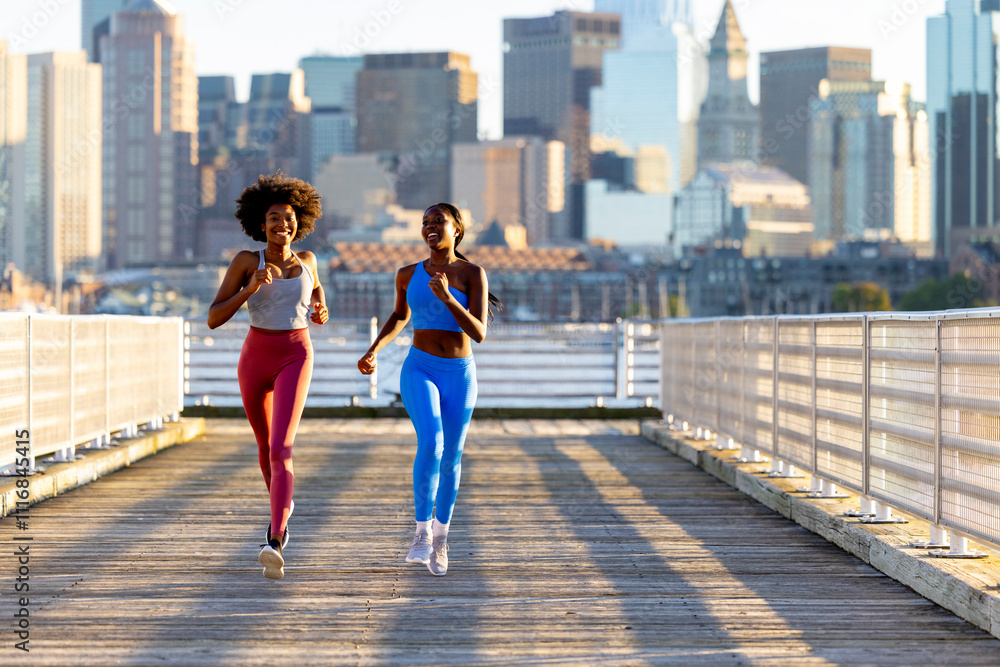 Two healthy black athlete pair running in Boston Two healthy black athlete pair running in Boston