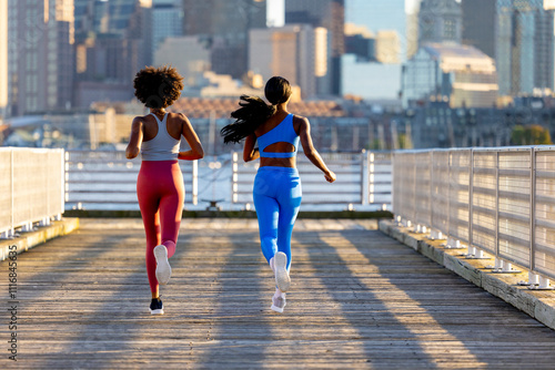 Two healthy black athletes rear view running in Boston photo