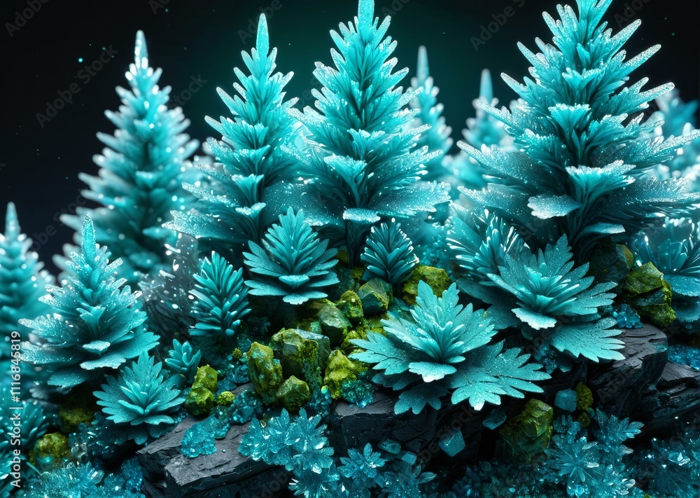 Fototapeta premium Mythical Frosty Cityscape with Unicorns Amidst Vibrant Quartz Crystals and Lichens