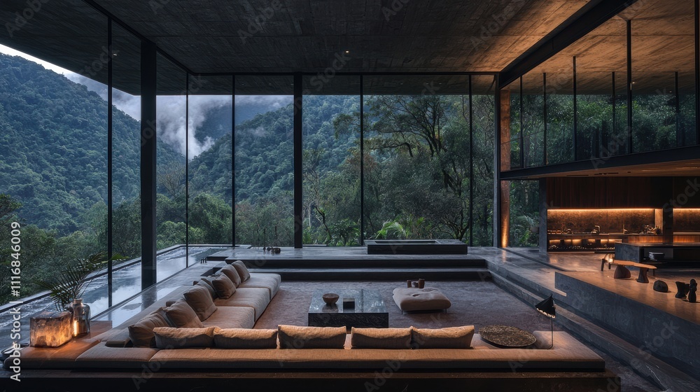 Fototapeta premium Relaxing evening in modern lounge mountain view interior design cozy atmosphere