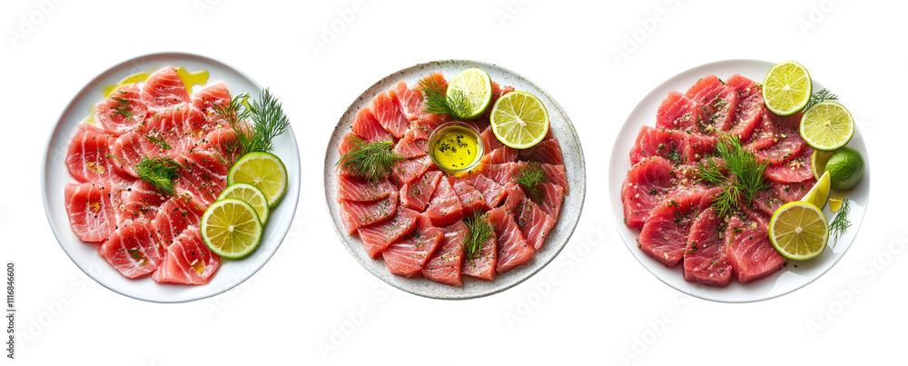 Sliced Fresh Fish with Lime and Herbs on Plate Sliced Fresh Fish with Lime and Herbs on Plate