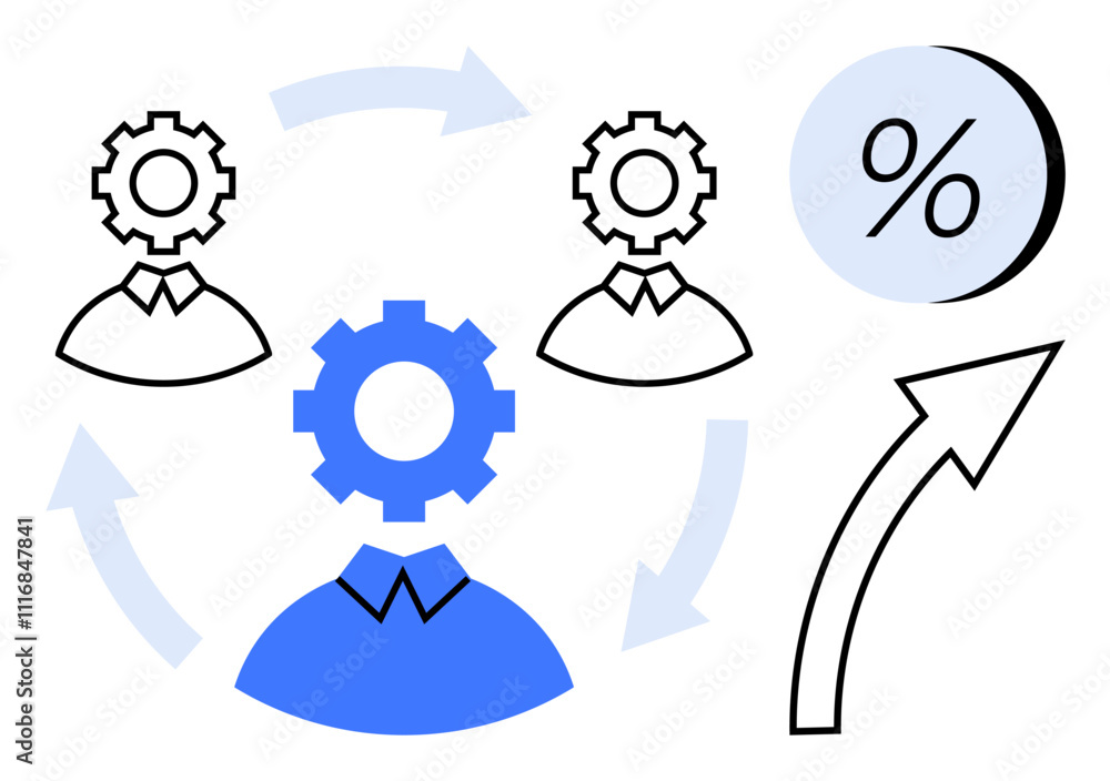 Gear-headed figures connected by circular arrows and a percentage symbol representing economic interactions. Ideal for teamwork, business growth, networking, economic strategies, investment analysis Gear-headed figures connected by circular arrows and a percentage symbol representing economic interactions. Ideal for teamwork, business growth, networking, economic strategies, investment analysis