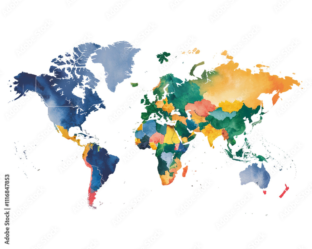 Obraz premium Colorful watercolor illustration of a world map showcasing various countries and continents in vibrant hues and textures